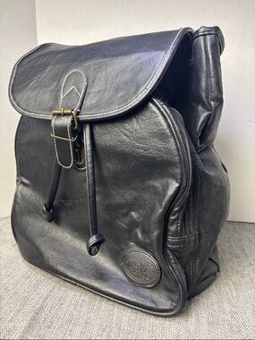Men's Black Leather Drawstring Backpack with Flap and Buckle